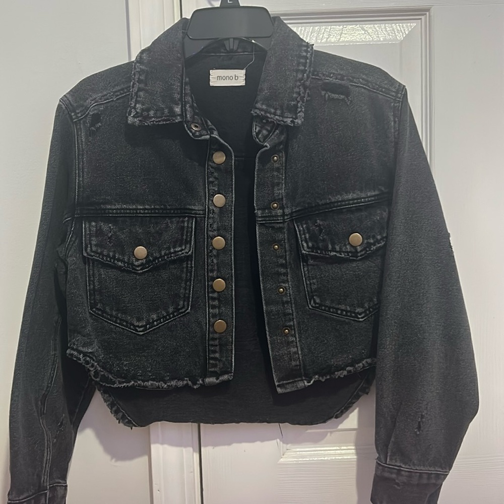 Black denim jean jacket, cropped, ripped purposefully